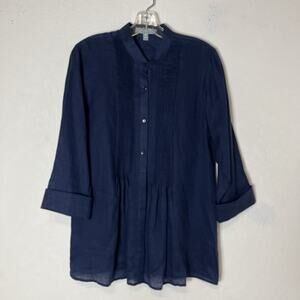 Fox Croft Shaped Fit Navy Blue 100% Linen Tunic Shirt size 6, long sleeve, pleat